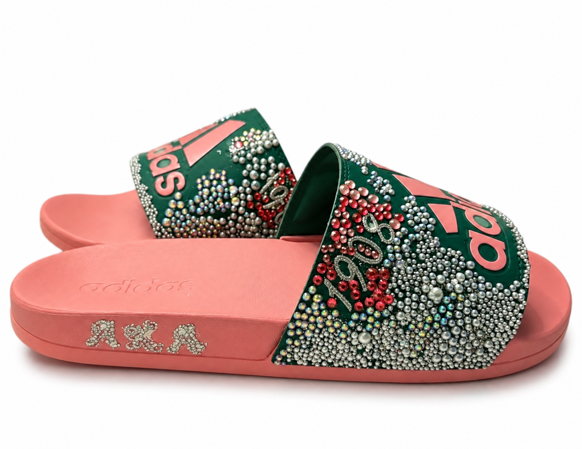 Custom Rhinestone Adidas Slides | Bling Women's Slide Sandals | Pink & Green Slides