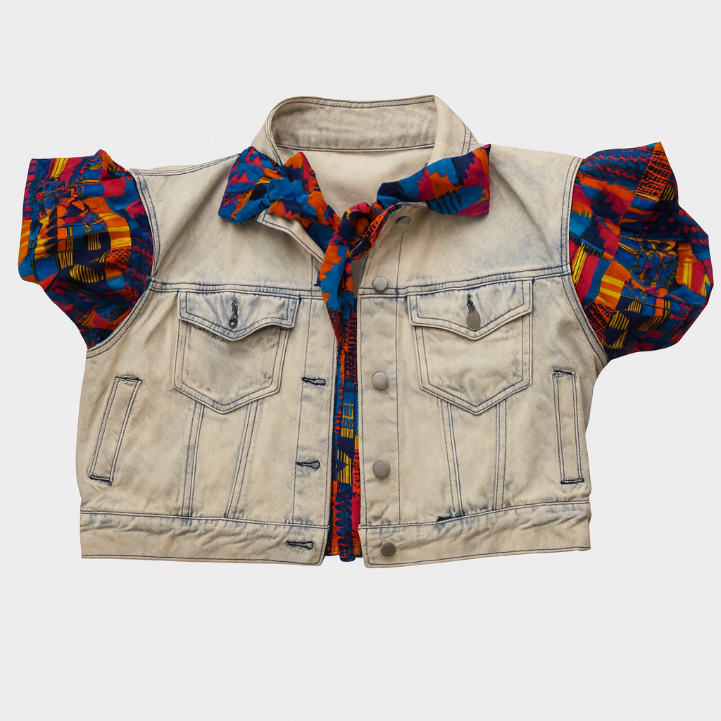 Ankara Puff-Sleeve Denim Crop Jacket