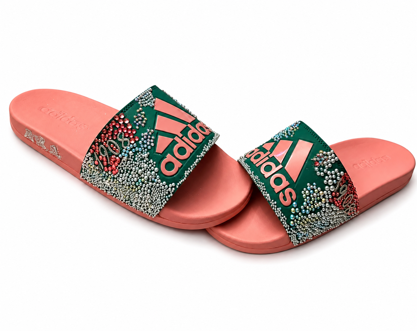 Custom Rhinestone Adidas Slides | Bling Women's Slide Sandals | Pink & Green Slides