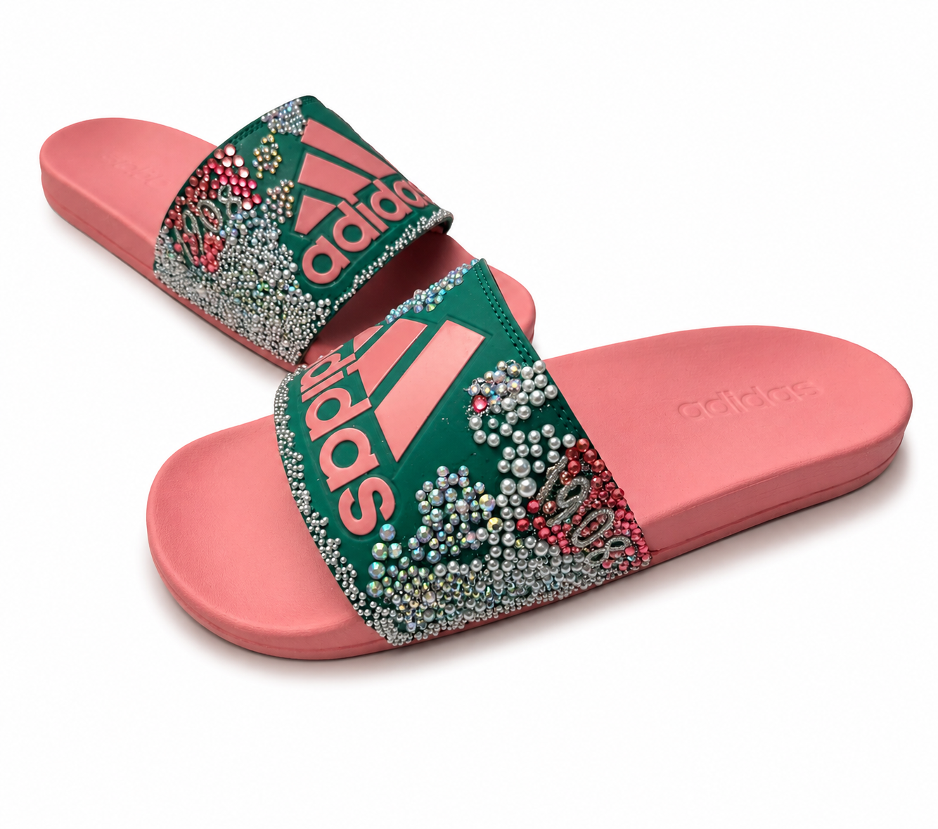 Custom Rhinestone Adidas Slides | Bling Women's Slide Sandals | Pink & Green Slides