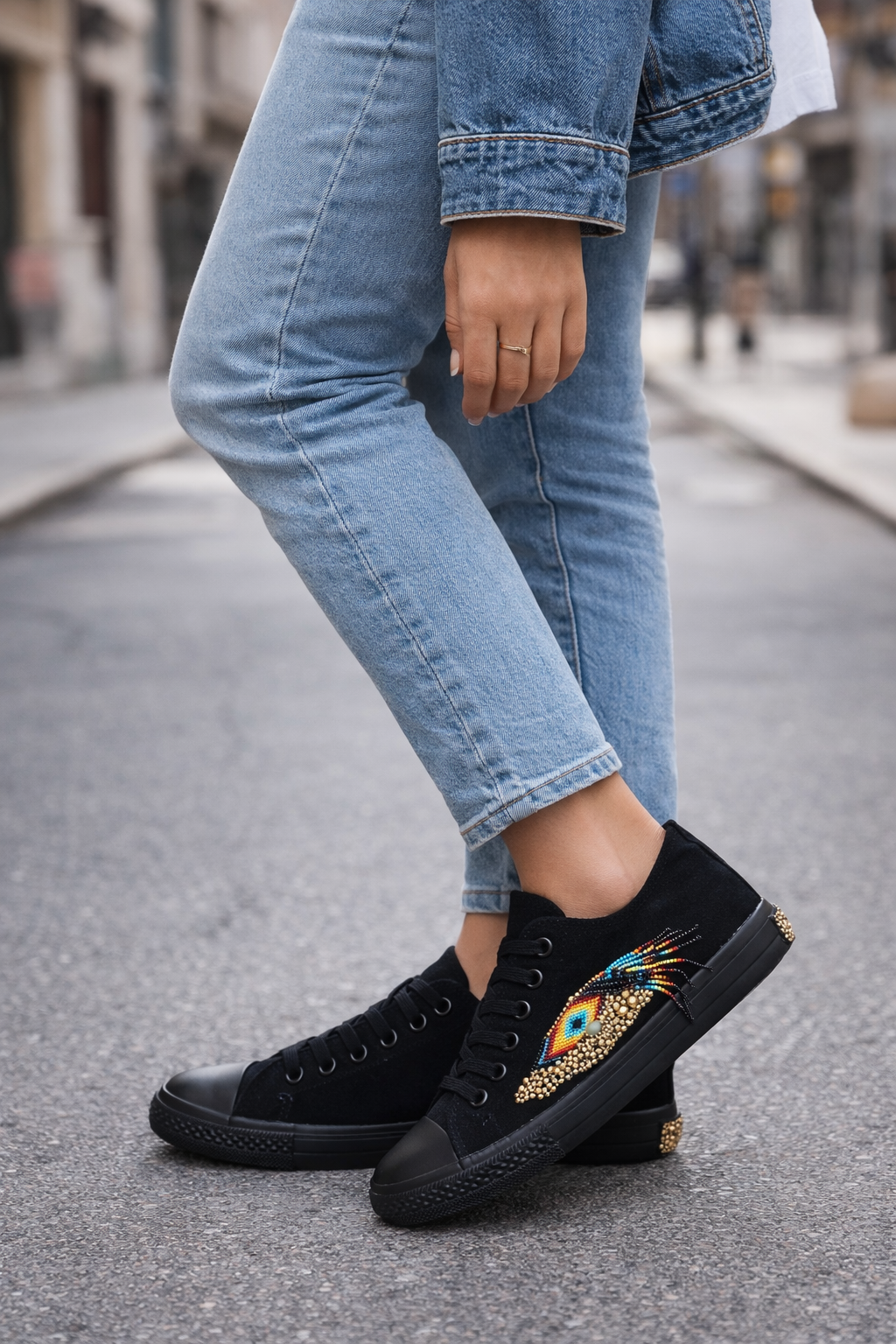 Handcrafted Beaded Black Sneakers – Custom Peacock Feather Design Women’s Fashion Shoes