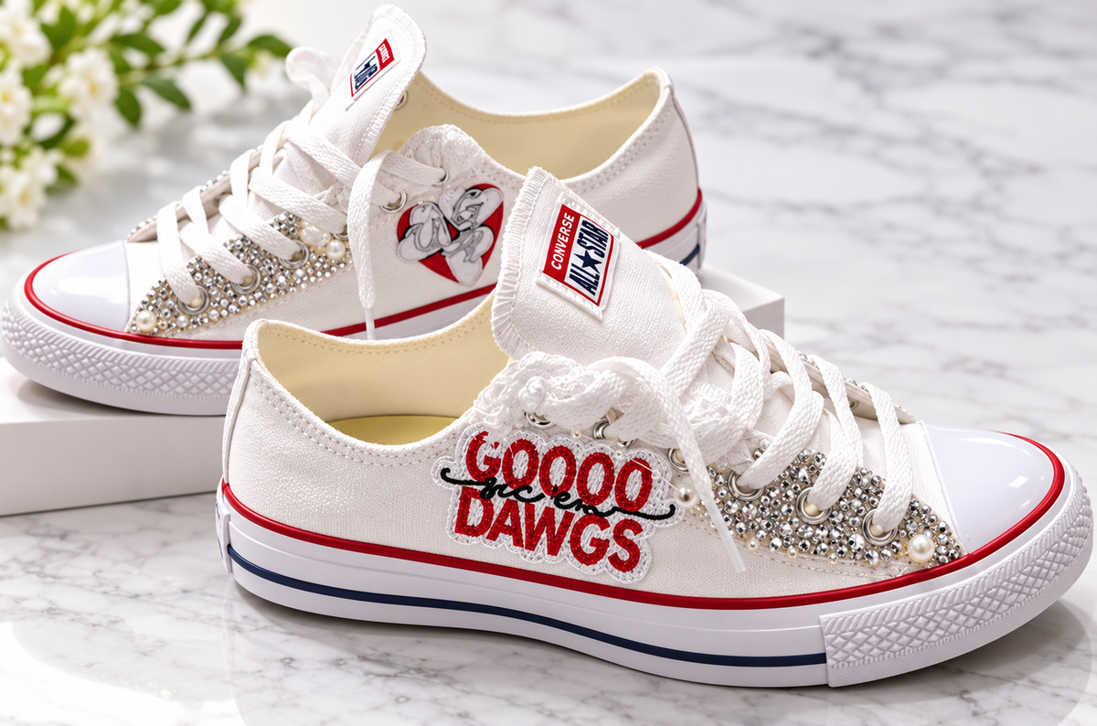 Georgia Bulldogs Inspired Bling Converse Sneakers, Custom Rhinestone Game Day Shoes, Go Dawgs Football Fan Sneakers, UGA Gift for Her