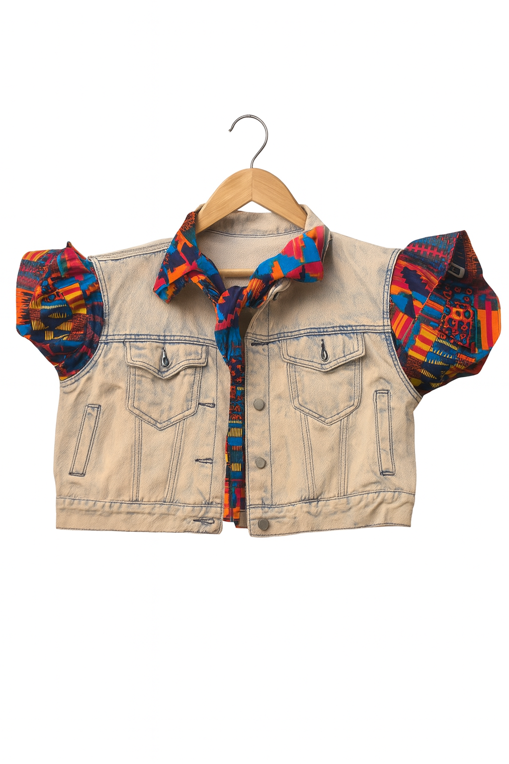 Ankara Puff-Sleeve Denim Crop Jacket