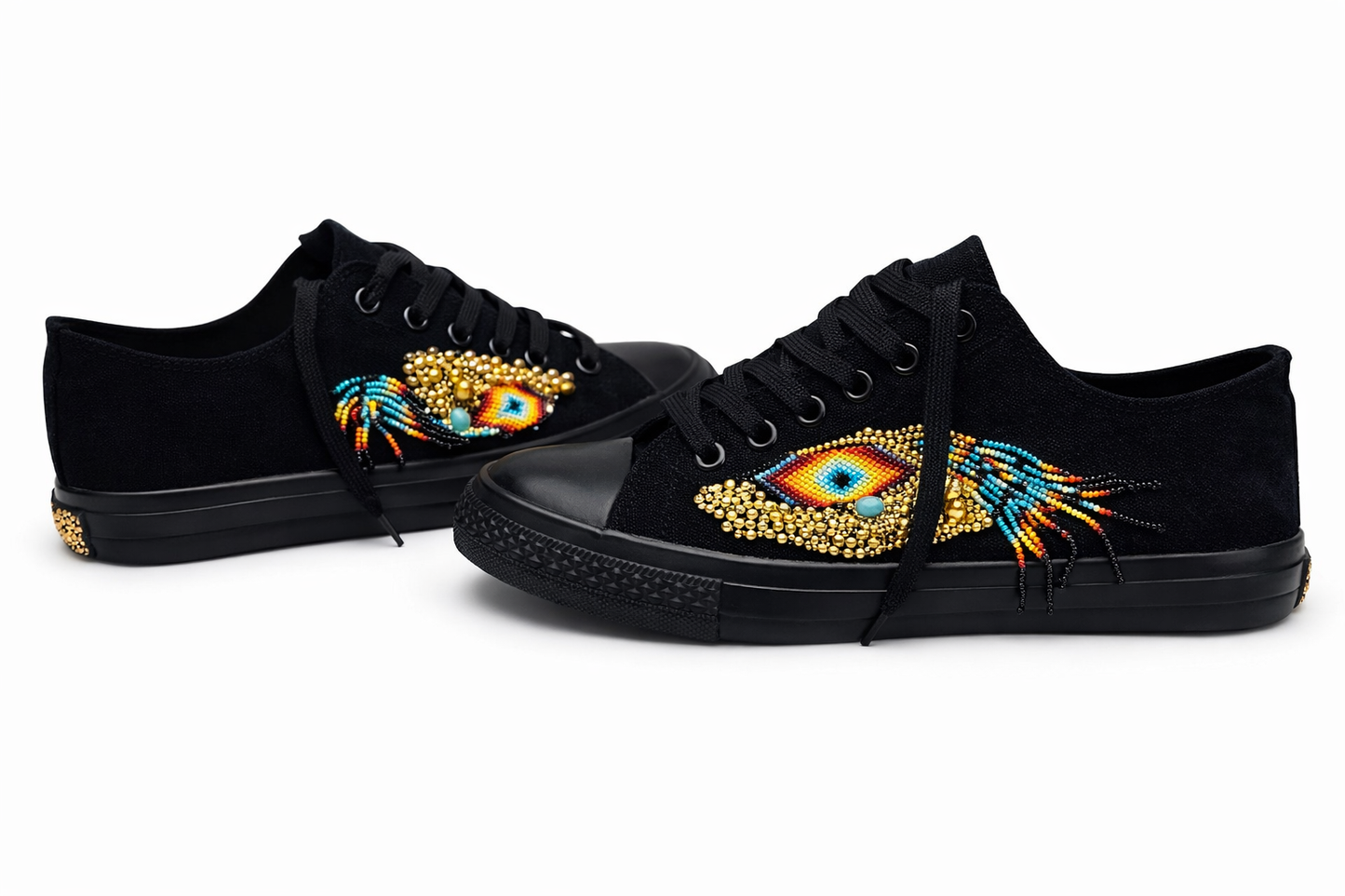 Handcrafted Beaded Black Sneakers – Custom Peacock Feather Design Women’s Fashion Shoes