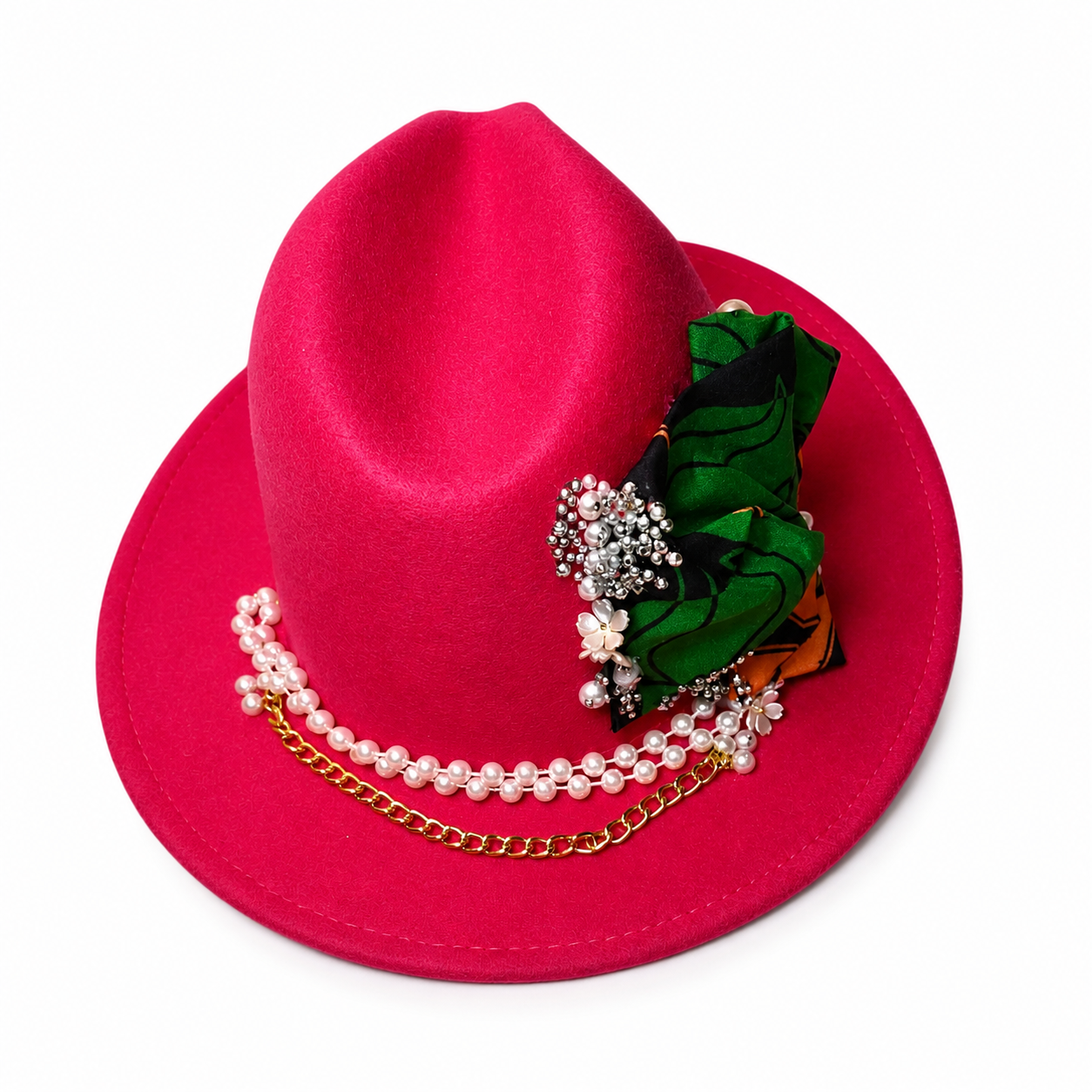 Hot Pink Fedora Hat for Women Embellished Fedora with Pearls & Chain Fashion Hat
