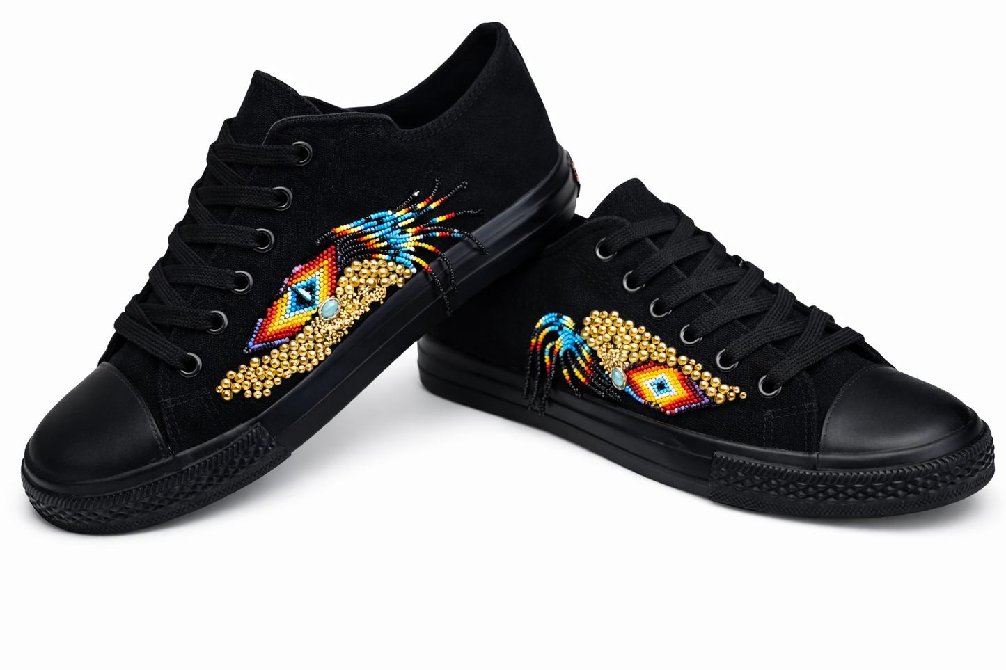 Handcrafted Beaded Black Sneakers – Custom Peacock Feather Design Women’s Fashion Shoes