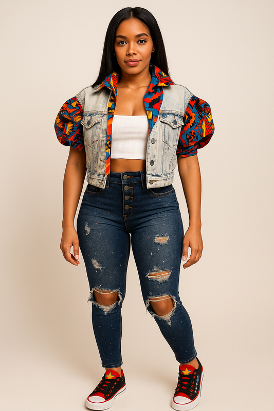 Ankara Puff-Sleeve Denim Crop Jacket