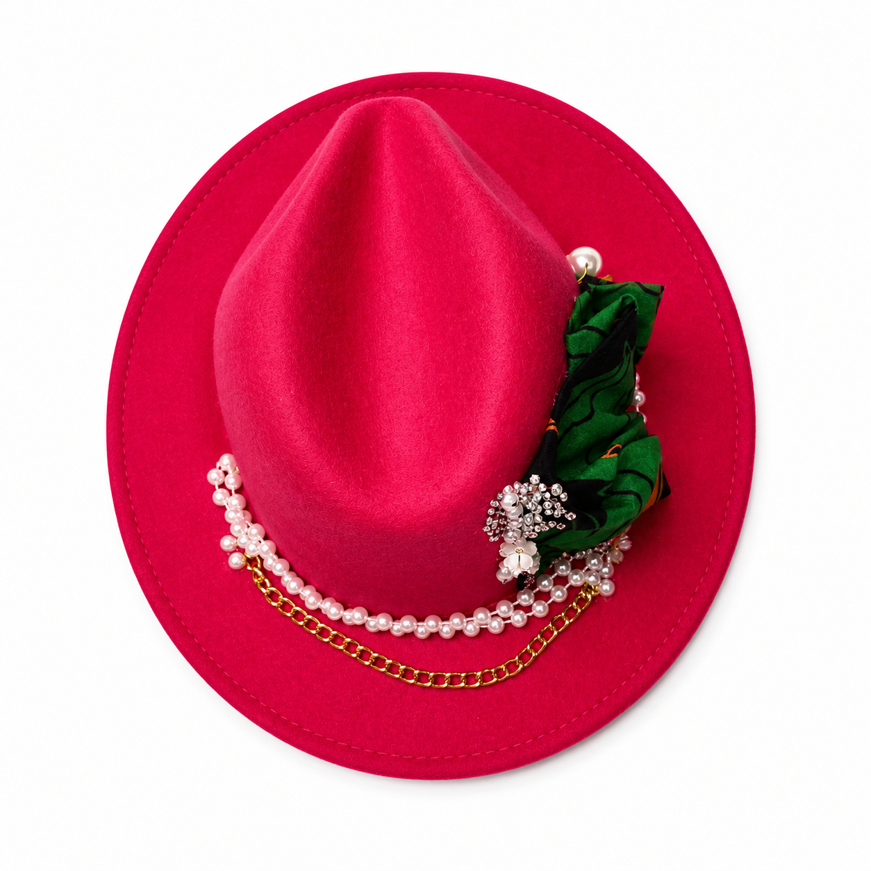 Hot Pink Fedora Hat for Women Embellished Fedora with Pearls & Chain Fashion Hat