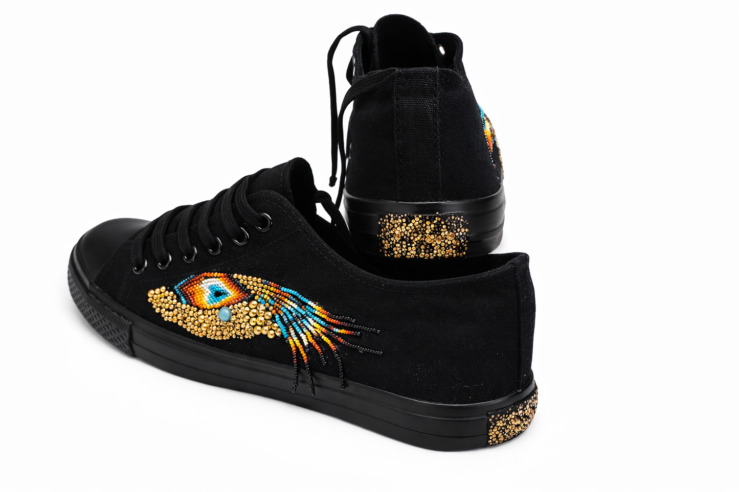 Handcrafted Beaded Black Sneakers – Custom Peacock Feather Design Women’s Fashion Shoes