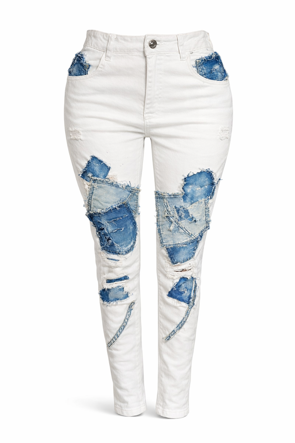 White Patchwork Distressed Skinny Jeans – Blue Denim  High-Waist Women’s Jeans
