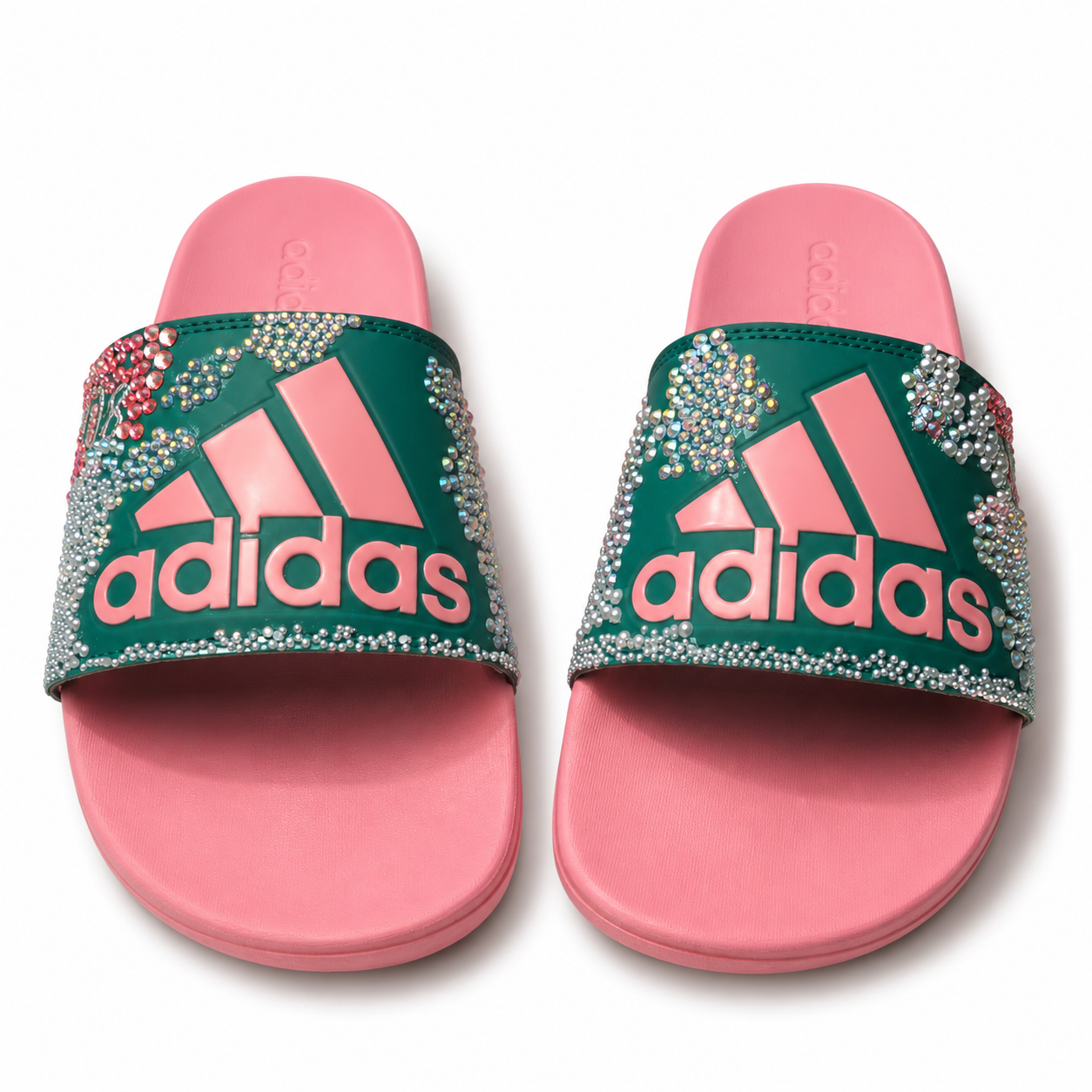 Custom Rhinestone Adidas Slides | Bling Women's Slide Sandals | Pink & Green Slides