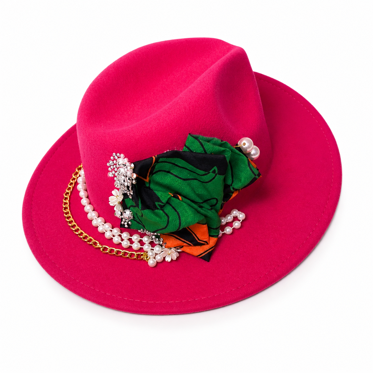 Hot Pink Fedora Hat for Women Embellished Fedora with Pearls & Chain Fashion Hat